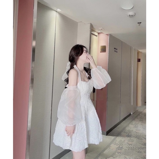 Đầm Yếm - Đầm cổ yếm phối tay rời buộc nơ, Phối được 4 kiểu khác nhau, Chất gấm hoa nổi Quảng Châu cực xinh Bun Shop20
