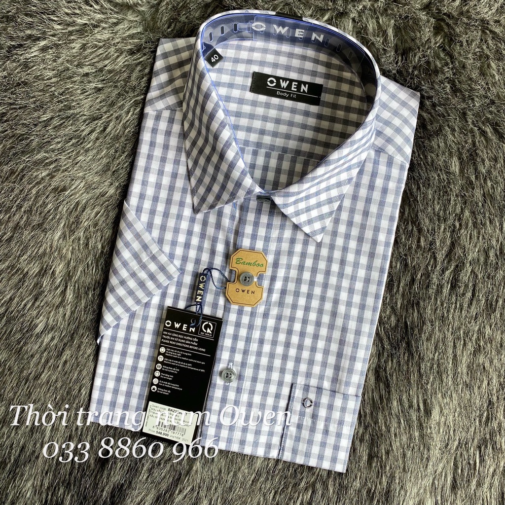 OWEN - Áo sơ mi ngắn tay Owen vạt ngang chất sợi tre kẻ ca rô xám xanh 23298