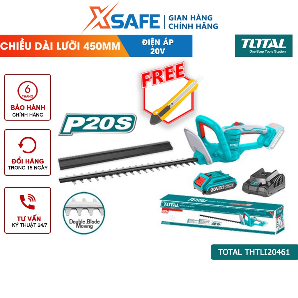 Máy cắt hàng rào dùng pin TOTAL THTLI20461 cắt tỉa cầm tay điện áp 20V, chiều dài lưỡi 450mm, kèm 1 pin, 1 sạc nhanh