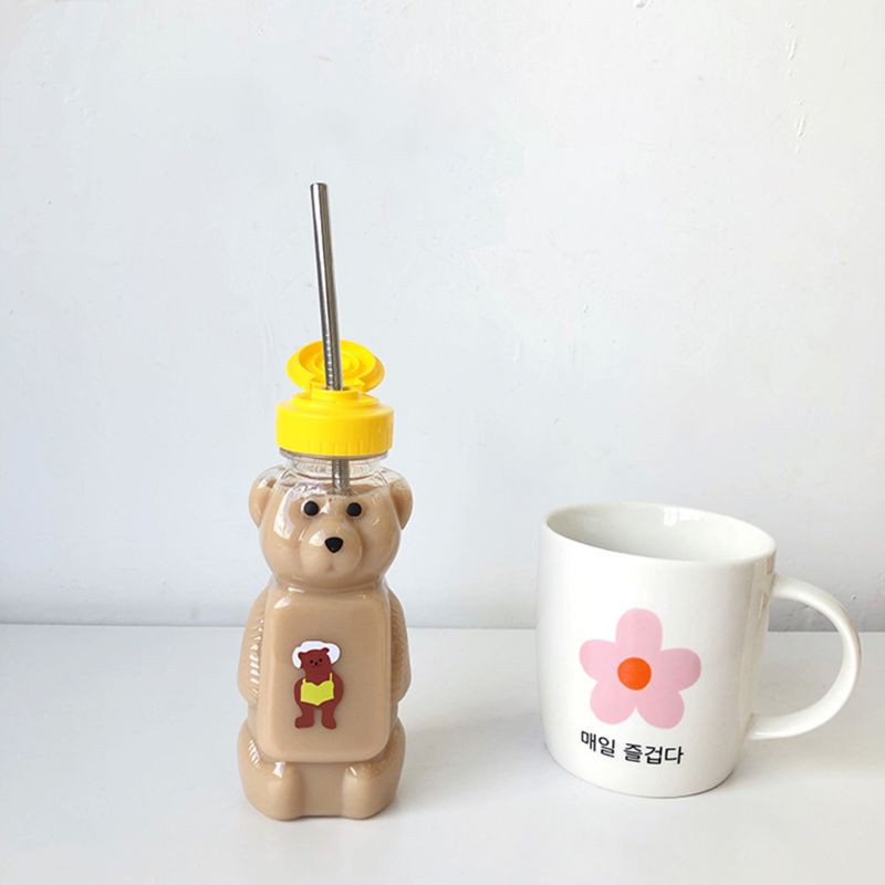 Bình nước du lịch hình gấu + ống hút có nắp đật chống rò rỉ 250ml dành cho bé