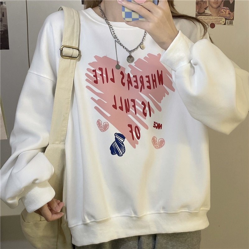 Áo sweatshirt PEWARNA IKAT dài tay họa tiết trái tim hoạt hình dáng rộng phong cách Nhật Hàn thời trang thu đông cho nữ