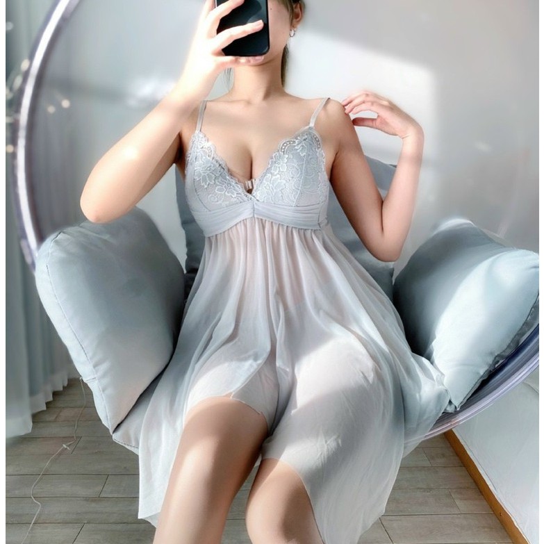 Váy Ngủ 2 Dây Ren Mỏng Xuyên Thấu Sexy Kèm Quần Chíp Cao Cấp - Her Sleepwear