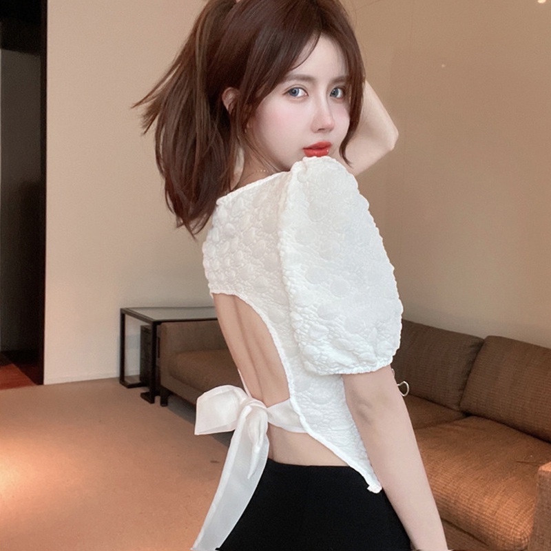 Áo Sơ Mi Crop Top Cổ Vuông Tay Ngắn Màu Trơn Phối Nơ Phong Cách Hàn Quốc Thời Trang Cho Nữ