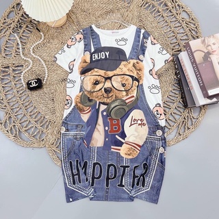 Đầm suông bé gái - váy in hoạ tiết hoạt hình giả yếm bò 3d họa tiết cô gái, gấu nâu xinh xắn cho bé 20-35kg