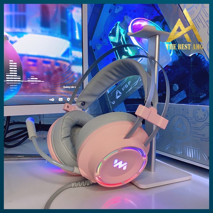Tai Nghe Máy Tính Laptop Chụp Tai Gaming Headphone Có Mic LED RGB WANGMING 9800S Hồng- Tai Nghe Nhạc Chơi Game Có Dây