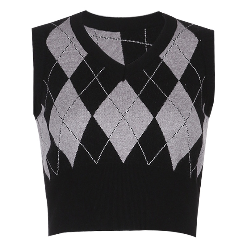 QKOOLE  Áo dệt kim không tay cổ chữ V màu sắc tương phản phong cách retro cho nữ