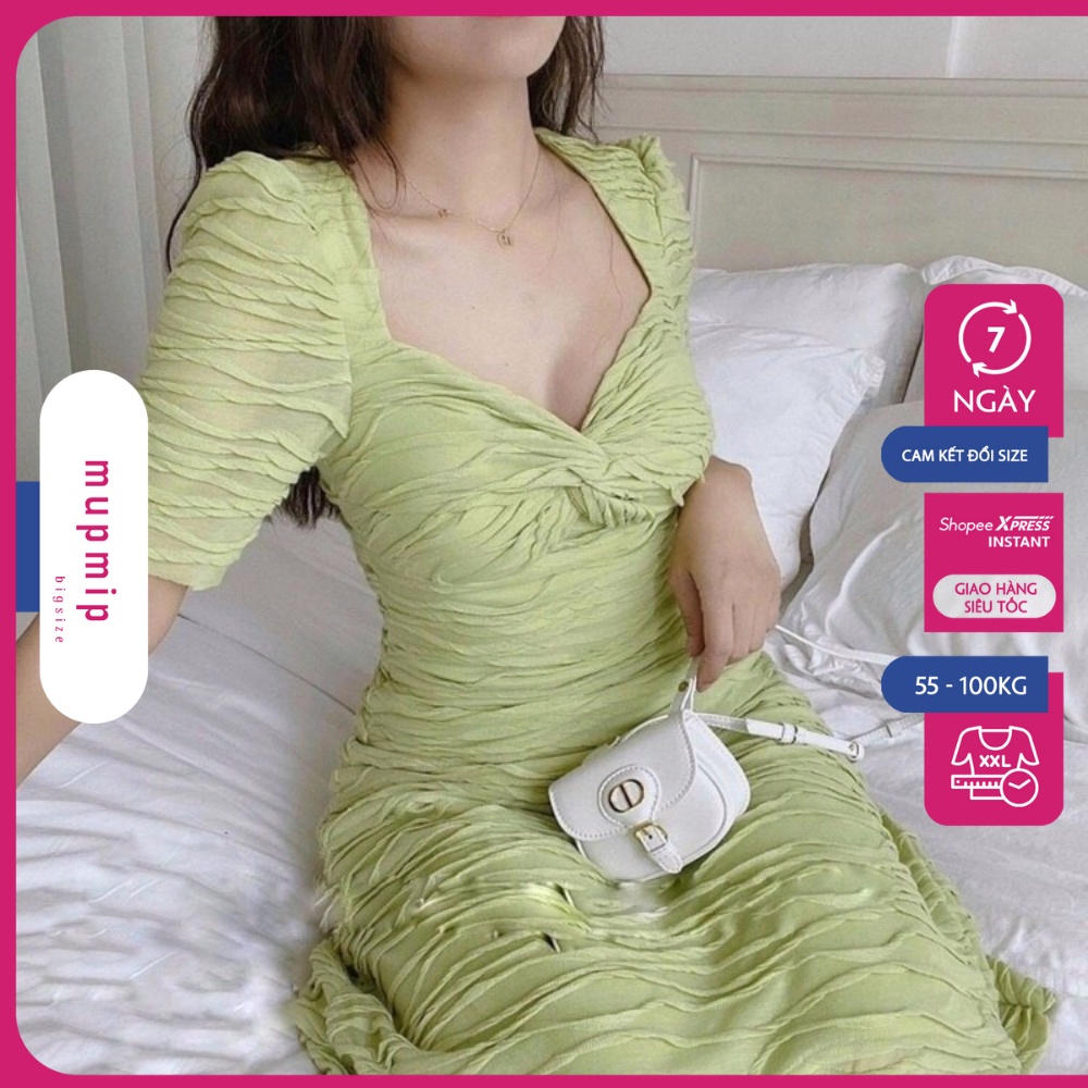 Đầm Dự Tiệc Bigsize Nữ Thiết Kế Cổ V Tay Ôm Dáng Chữ A Chất Thun Mát Có 4 Màu Xanh Đen Trắng Be Mupmip D937
