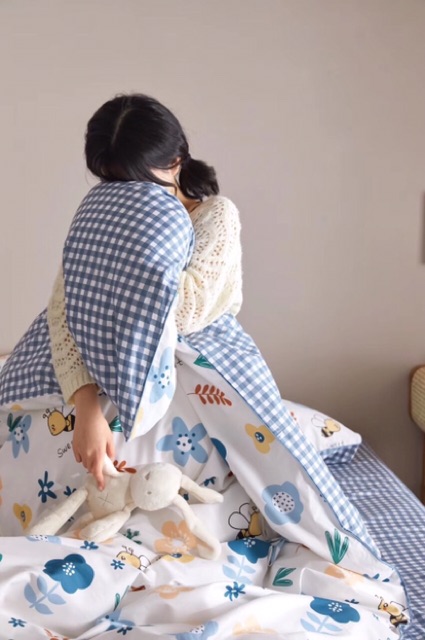 Bộ chăn ga gối,Cotton poly mẫu HOA ONG XANH. đủ size miễn phí bo chun Emmibedding