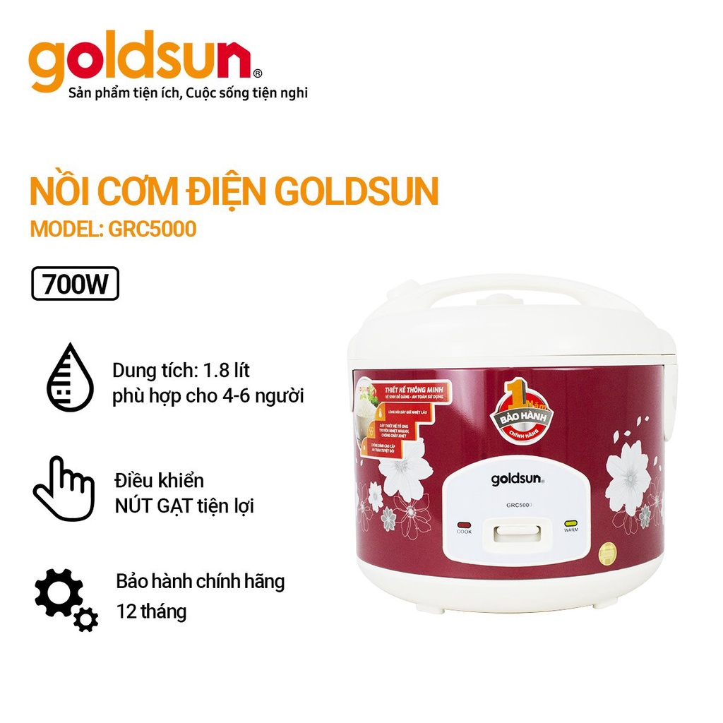 Nồi Cơm Điện Goldsun 1,8L 700W Lòng Nồi Thiết Kế Tổ Ong Phủ Chống Dính 2 Mặt Cho Gia Đình Từ 4-6 người - GRC5000