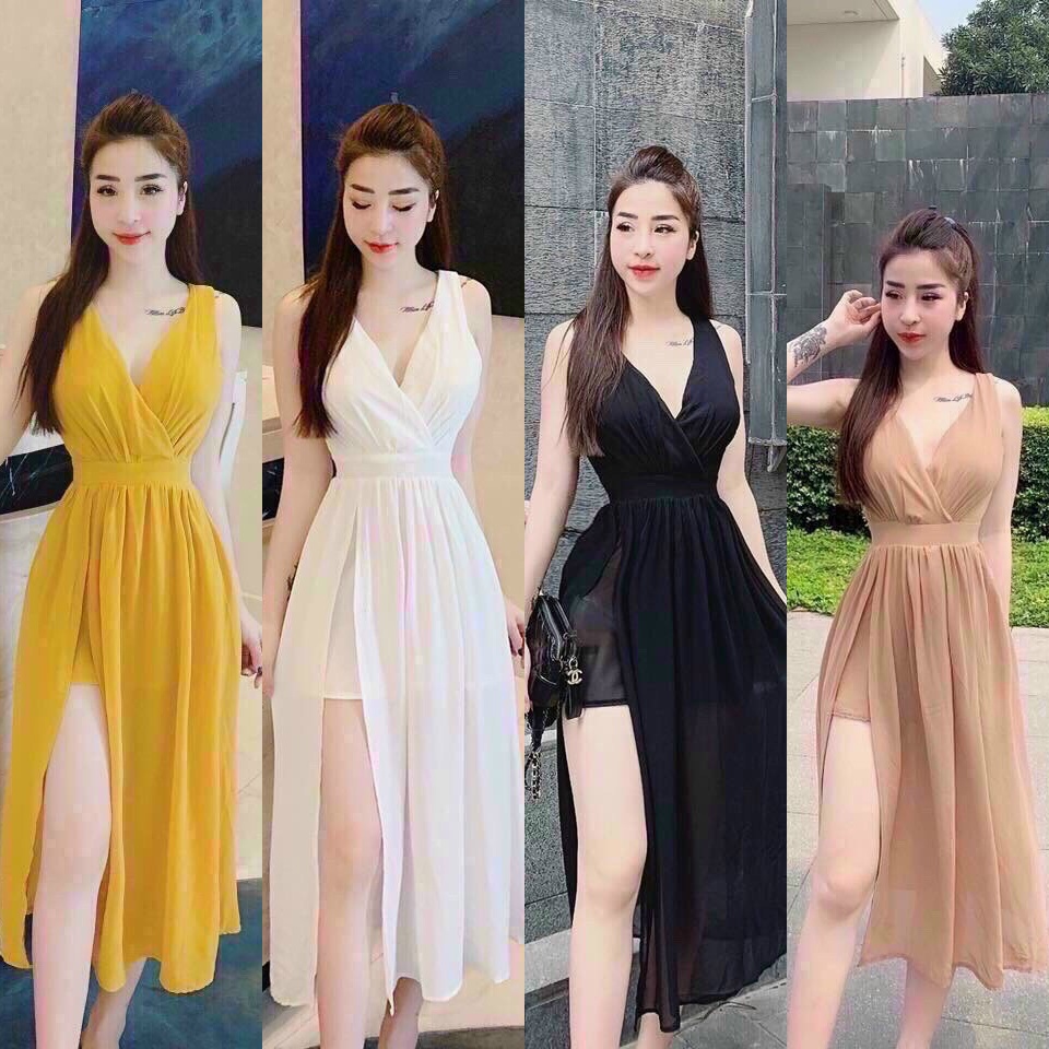 Đầm maxi đi biển xẻ tà cổ tim ChemMix vải voan chiffon 2 lớp cho nàng dạo phố, du lịch