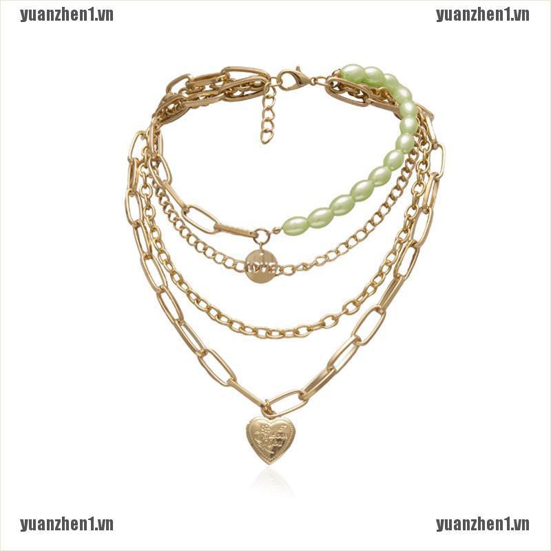 【YUANZHEN1】Pearl Hip Hop Love Heart Photo Locket Pendant Necklace Punk Layered