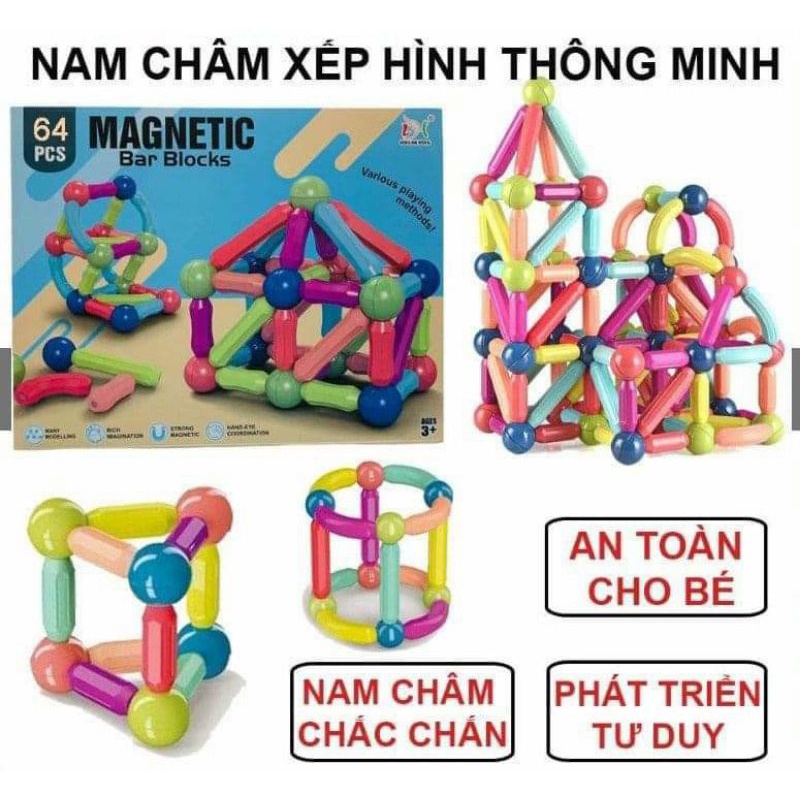 Bộ xếp hình nam châm cao cấp, ghép hình nam châm từ tính 64ct - Đồ chơi phát triển trí tuệ cho bé