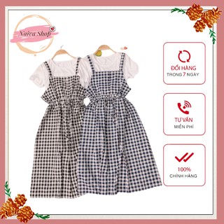 Váy yếm kẻ vuông 2 dây cột eo cực cute, cực xinh