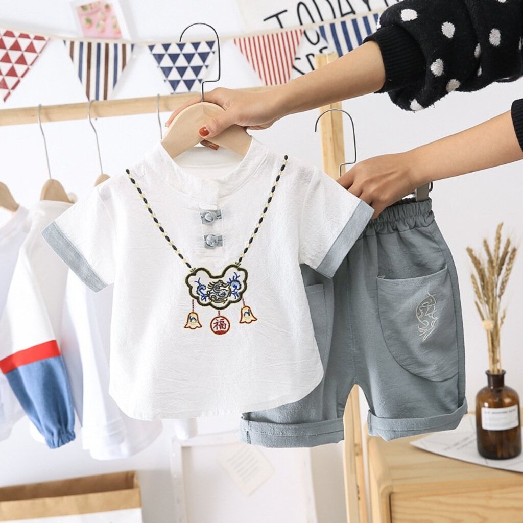 Quần áo bé trai TINY KIDS, bộ đồ trẻ em chất đũi hình vòng cổ, set đồ cho bé từ 6-28kg