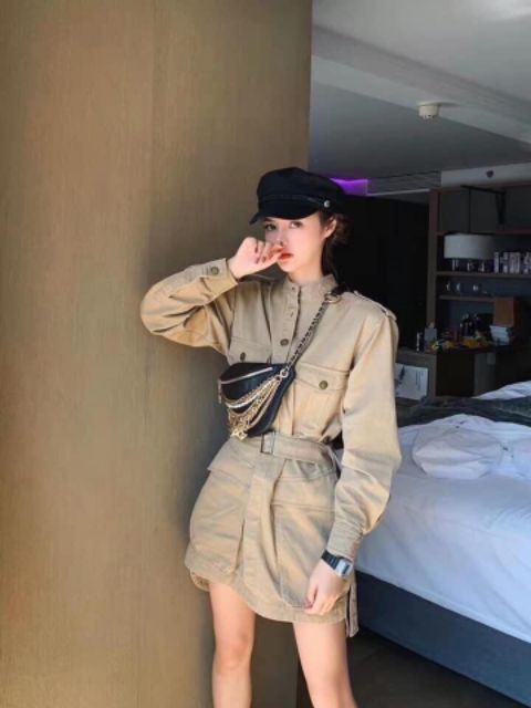 Đầm sơ mi tay dài phối túi