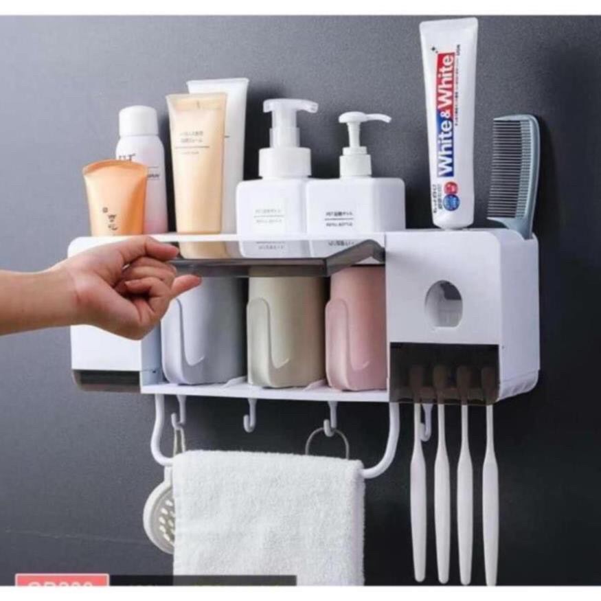 Kệ nhà tắm - Bộ Nhả Kem Đánh Răng Tự Động Kèm 3 Cốc - Kệ để đồ dùng nhà tắm đa năng