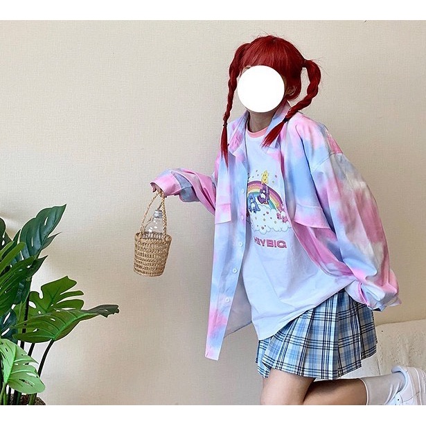 Áo sơ mi tye dye MEANSTORE nam nữ tay lỡ Oversize form rộng ulzzang cổ pizama không nhăn dáng suông - Loang hồng xanh