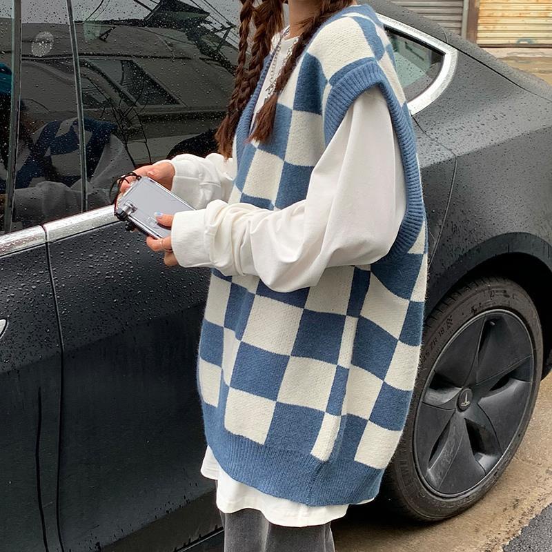 Áo len không tay cổ chữ V họa tiết caro thời trang dành cho nữ