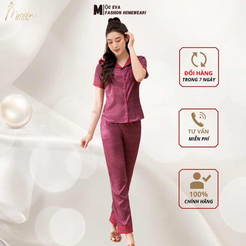 Đồ bộ mặc nhà nữ pyjama thương hiệu MỘC EVA chất liệu lụa cao cấp ngắn tay quần dài sang trọng thanh lịch MSSP:LX212213