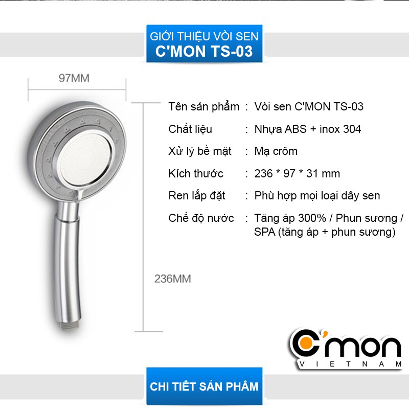 Bộ tay sen siêu tăng áp 400% với 3 chế độ nước C'MON TS-03 + dây sen + đế cài sen