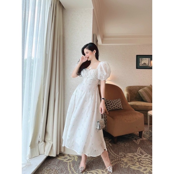 [Hàng sẵn - Hình thật] Đầm hoa tơ lụa tay bồng dáng maxi xoè nơ lưng sang chảnh