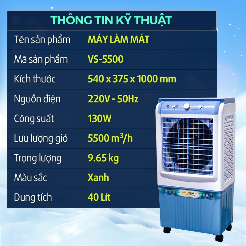 [Mẫu mới 2021] Quạt điều hòa VS 5500-Công suất 130-Dung tích 40L-Làm lạnh 4 chiều-Tặng 2 viên đá khô-Bảo hành 2 năm