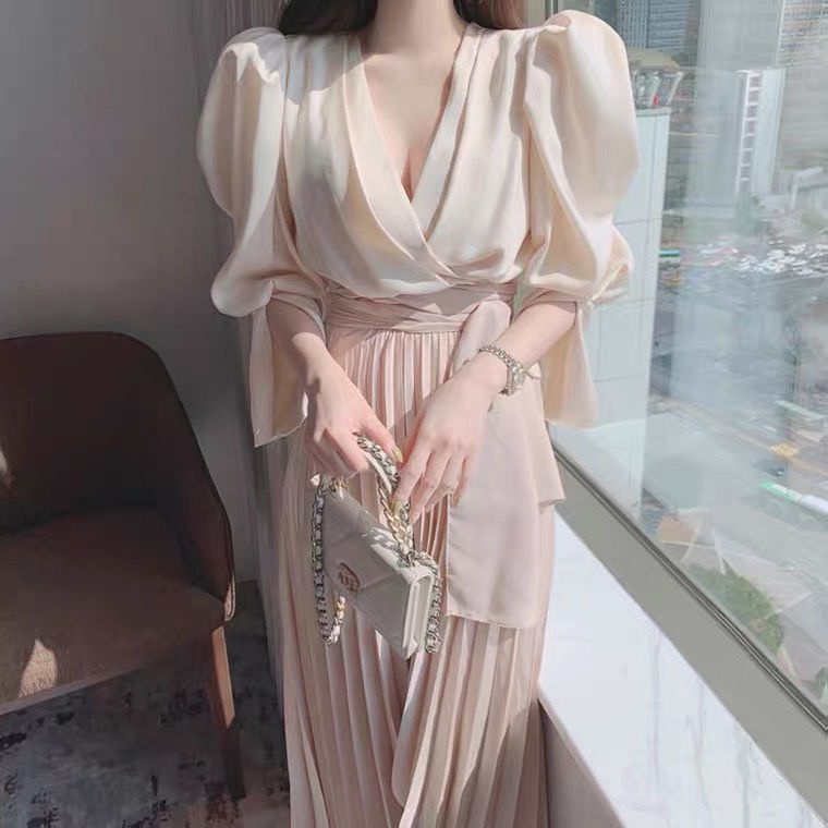 Set Áo Chiffon + Chân Váy Dài Xếp Ly Thời Trang Pháp Cho Nữ