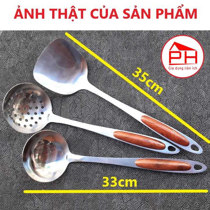 (Đồng giá) Vá đặc (Muỗng canh ) Vá lỗ Xẻng xào chất liệu inox 304 cán cách nhiệt vân gỗ sang trọng - Gia dụng Phước Hòa