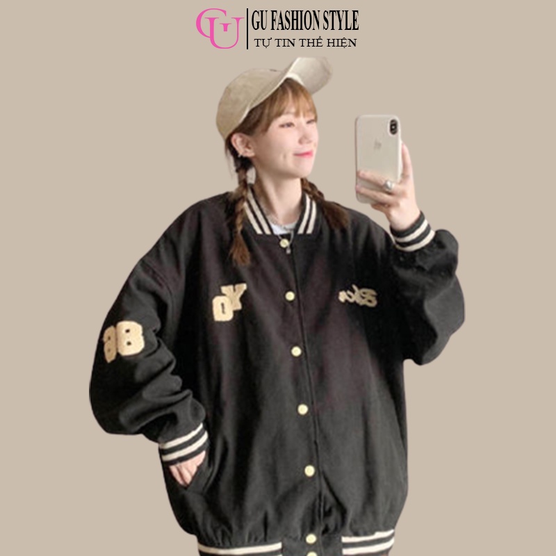 Áo Khoác Bomber Nam Nữ Thêu Chỉ Vàng YQ 86 Form Rộng Unisex Chất Liệu Vải Cotton Dày Màu Đen GUG036 - GU FASHION STYLE