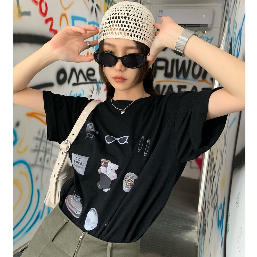 Áo thun Peppermint dáng rộng tay ngắn in hình phong cách retro Hàn Quốc thời trang mùa hè năng động cho nữ 52302