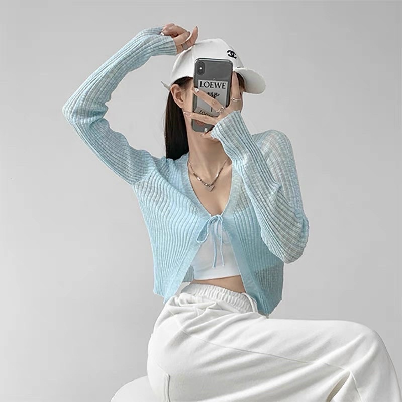 Áo khoác cadigan len giấy mỏng buộc nơ, nhẹ hàng Quảng Châu mix cùng váy hoặc áo hai dây đều xinh nhé các nàng