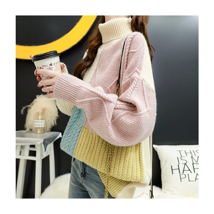 Thời Trang Thu Đông - Áo Len Nữ Cổ Lọ Phối Màu Dạng Áo Len Kiểu Gân Thừng 2226
