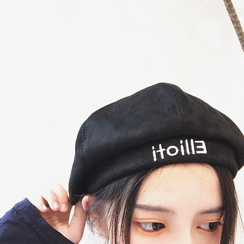 Nón beret da lộn thêu chữ kiểu harajuku Anh/Hàn thu đông cho nữ