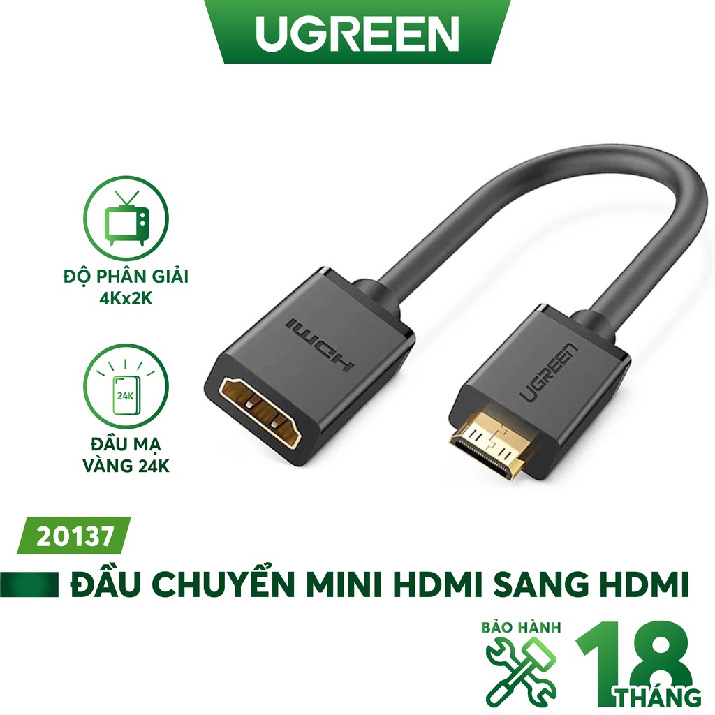 Cáp chuyển đổi mini HDMI đực sang HDMI cái dài 25CM UGREEN 20137 - Hàng phân phối chính hãng - Bảo hành 18 tháng