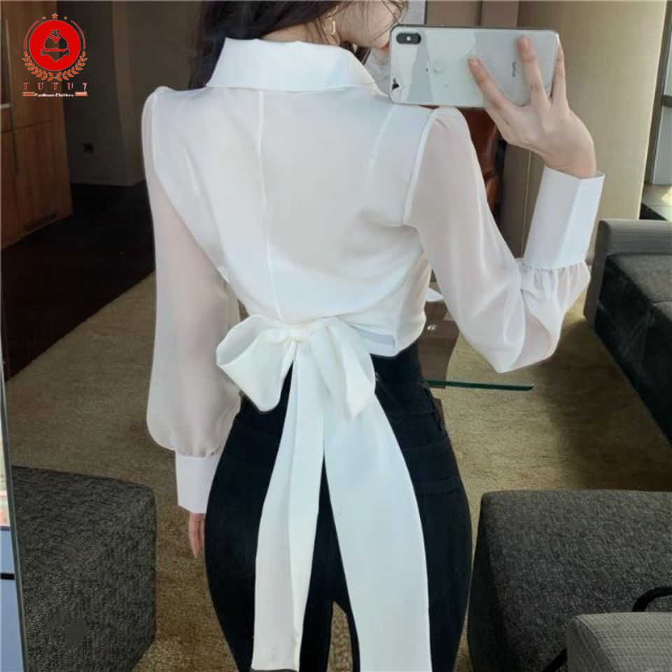 Áo Sơ Mi Chiffon Nữ Dài Tay Cổ Chữ V Thắt Nơ Thời Trang