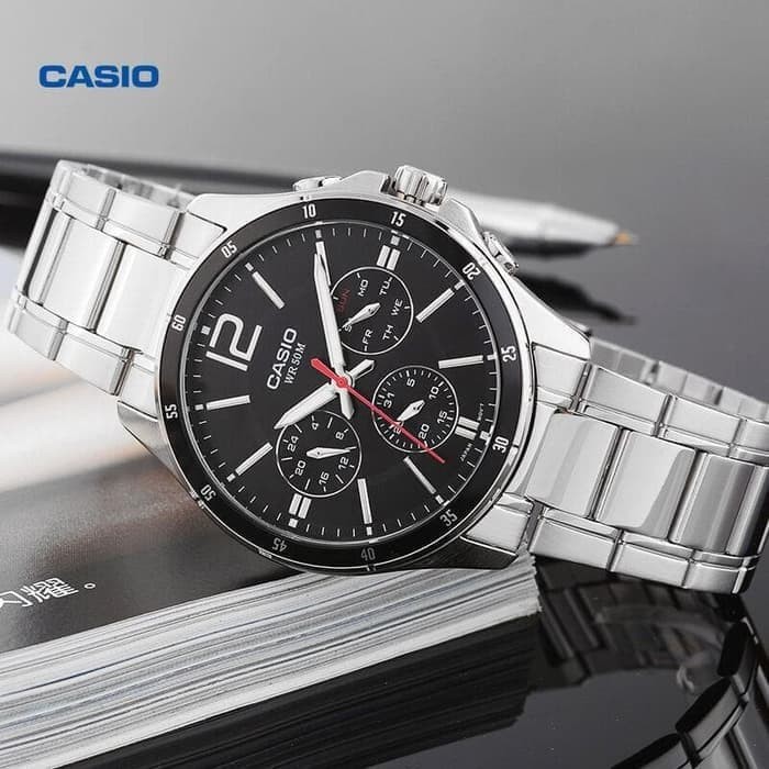 [Mã FARSBRT52 giảm 20% đơn từ 249K] Đồng hồ nam Casio MTP-1374D-1AVDF 6 Kim - Dây kim loại mạ bạc Mặt đen - chống nước 5