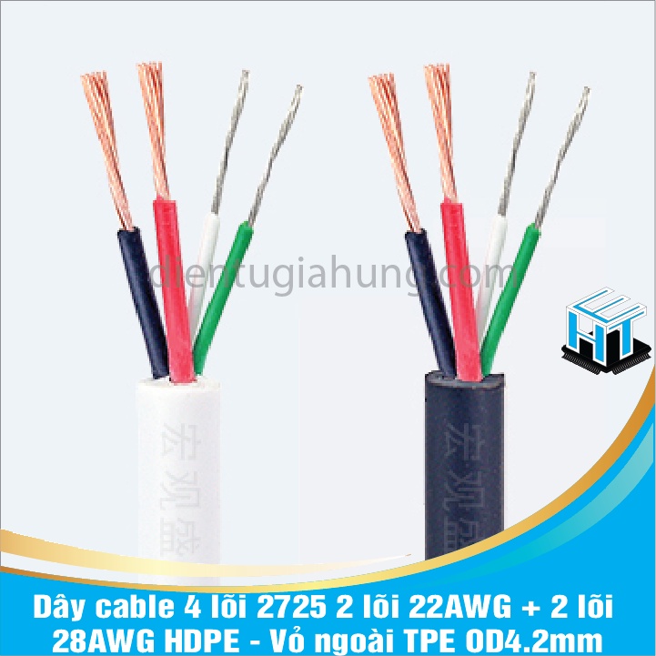 Dây cable 4 lõi 2725 2 lõi 22AWG + 2 lõi 28AWG HDPE2 màu trắng ,đen có Vỏ ngoài TPE OD4.2mm