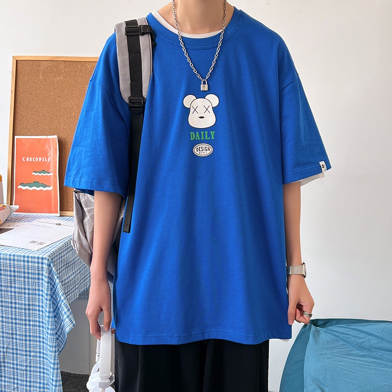 Áo Thun Tay Ngắn Bằng Cotton Lụa Lạnh Màu Xanh Dương Đậm Phong Cách Đường Phố Mùa Hè Cho Nam