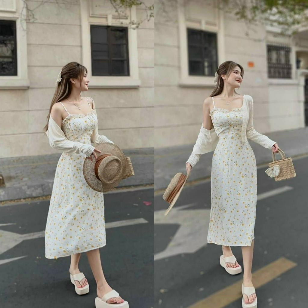 Đầm hoa nhí hai dây dáng dài có mút ngực mix áo khoác dài tay sang chảnh, đáng yêu [904]