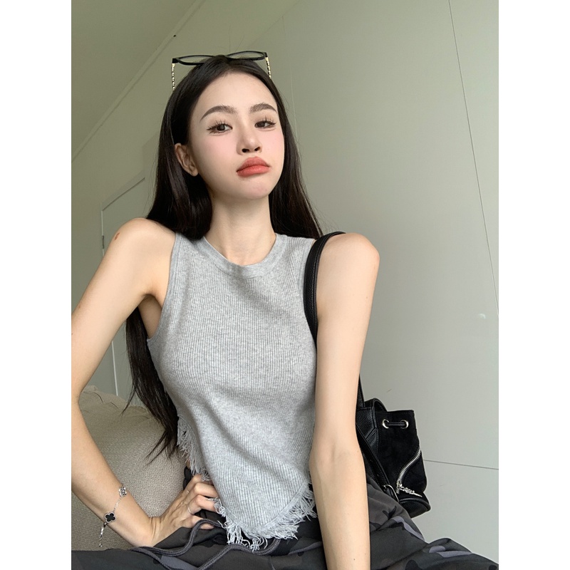 Cocory vn Áo Croptop Dệt Kim Không Tay Màu Trơn Dáng Ôm Gợi Cảm Thời Trang Mùa Hè Dành Cho Bạn Nữ