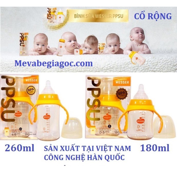 (MẪU MỚI) Bình Sữa Cổ Rộng cao cấp PPSU 260ML - WESSER (Made in Vietnam) (Công nghệ Hàn Quốc)