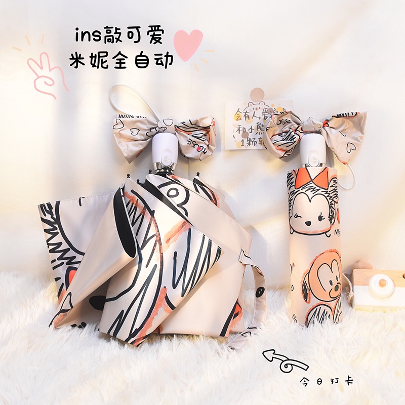 Dù Gấp Tự Động Chống Tia UV Họa Tiết Chuột Minnie Dễ Thương