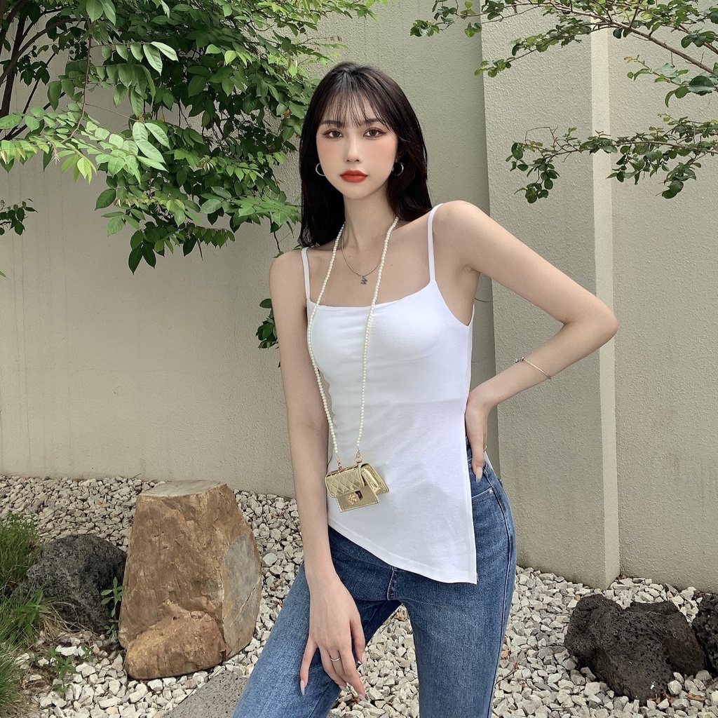 ihkke Áo hai dây màu trơn phối xẻ tà gợi cảm cho phái nữ