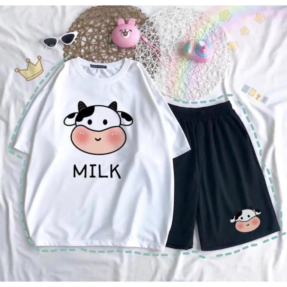 [XẢ KHO] Sét Áo Thun Ngắn Tay Bò Sữa Milk Chất Đẹp + Quần Đùi Đen Ống Rộng Logo Sét Đồ Bộ Nam Nữ Unisex Freesize