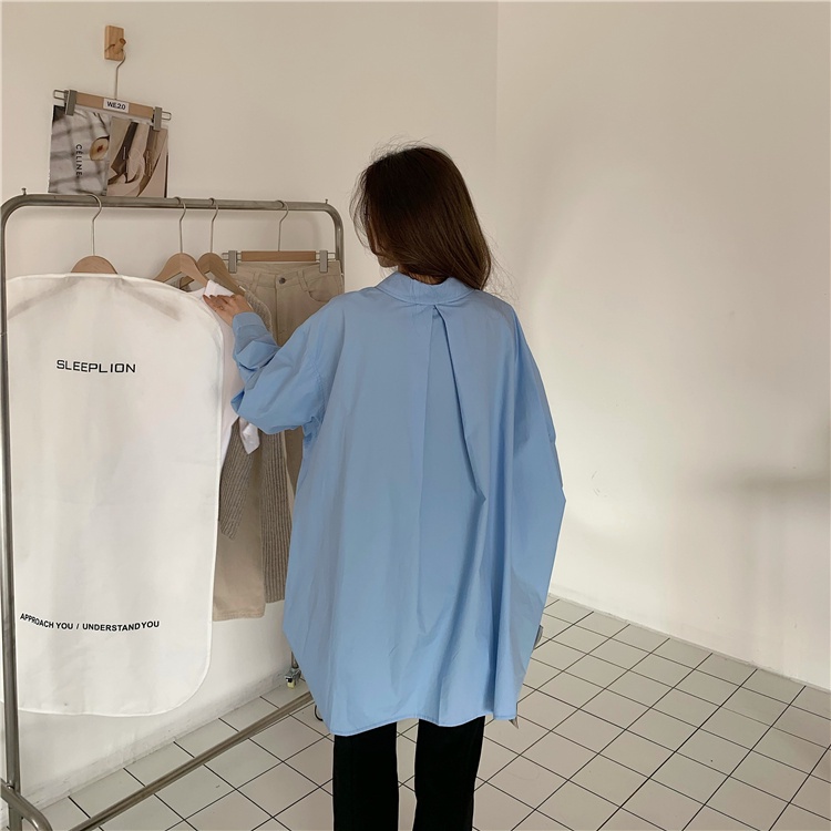 Áo sơ mi tay dài dáng rộng màu trắng/ xanh dương tùy chọn phong cách Hàn Quốc thời trang mùa thu cho nữ