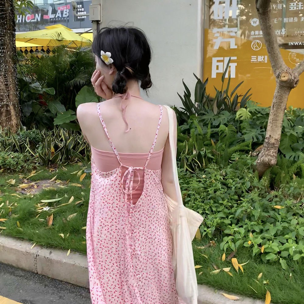 Đầm hai dây dáng dài màu trắng họa tiết quả cherry thời trang cho nữ