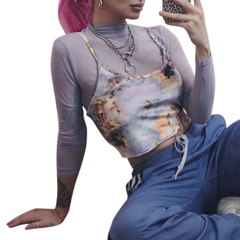 Xiangbao Áo Crop Top Hai Dây Spaghetti Gợi Cảm Mùa Hè Hình Thiên Thần Tình Yêu Cupid Kỹ Thuậ