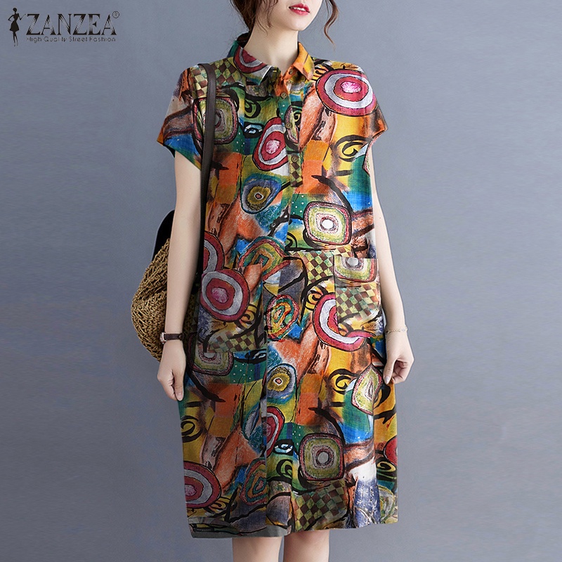 Đầm Zanzea tay ngắn dáng rộng in họa tiết vintage thời trang mùa hè cho nữ