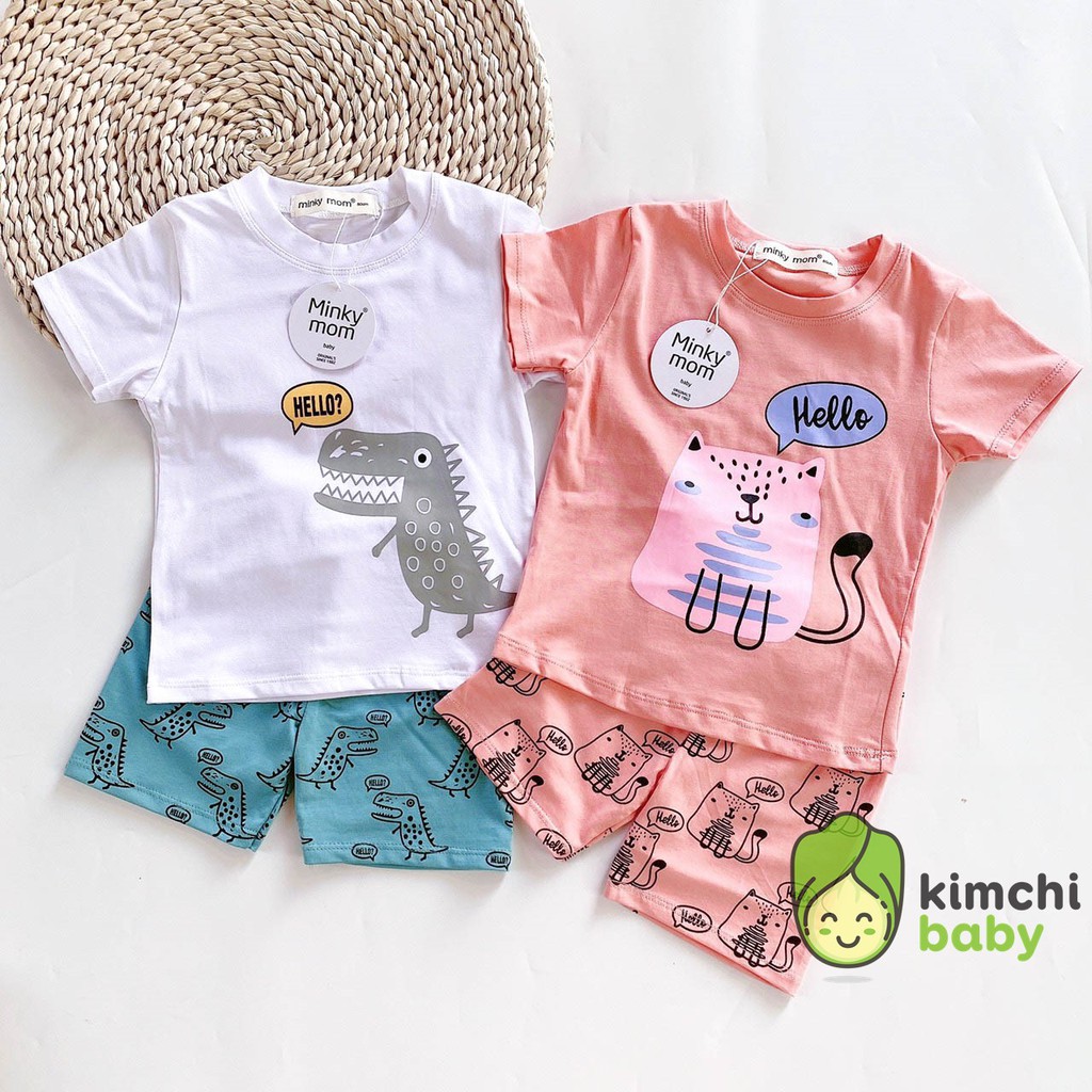 Đồ Bộ Bé Trai, Bé Gái Minky Mom Vải Cotton 100% Họa Tiết Khủng Long Dễ Thương, Bộ Cộc Tay Cho Bé Mặc Nhà Mùa Hè MKM2105