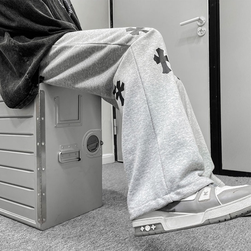 ♞AFF LIGA♞ Quần dài lưng thun dáng rộng thêu họa tiết chữ thập phong cách đường phố cá tính cho nam